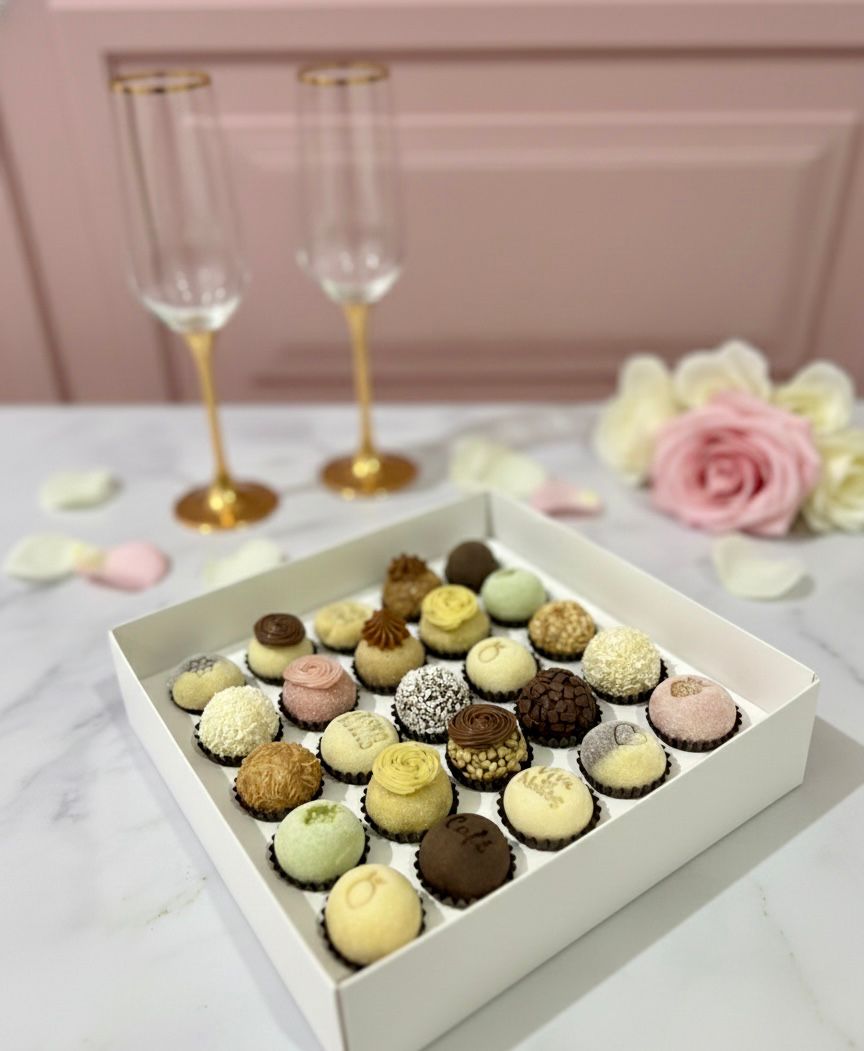Caixa com brigadeiros sortidos em cenário delicado com taças e flor.